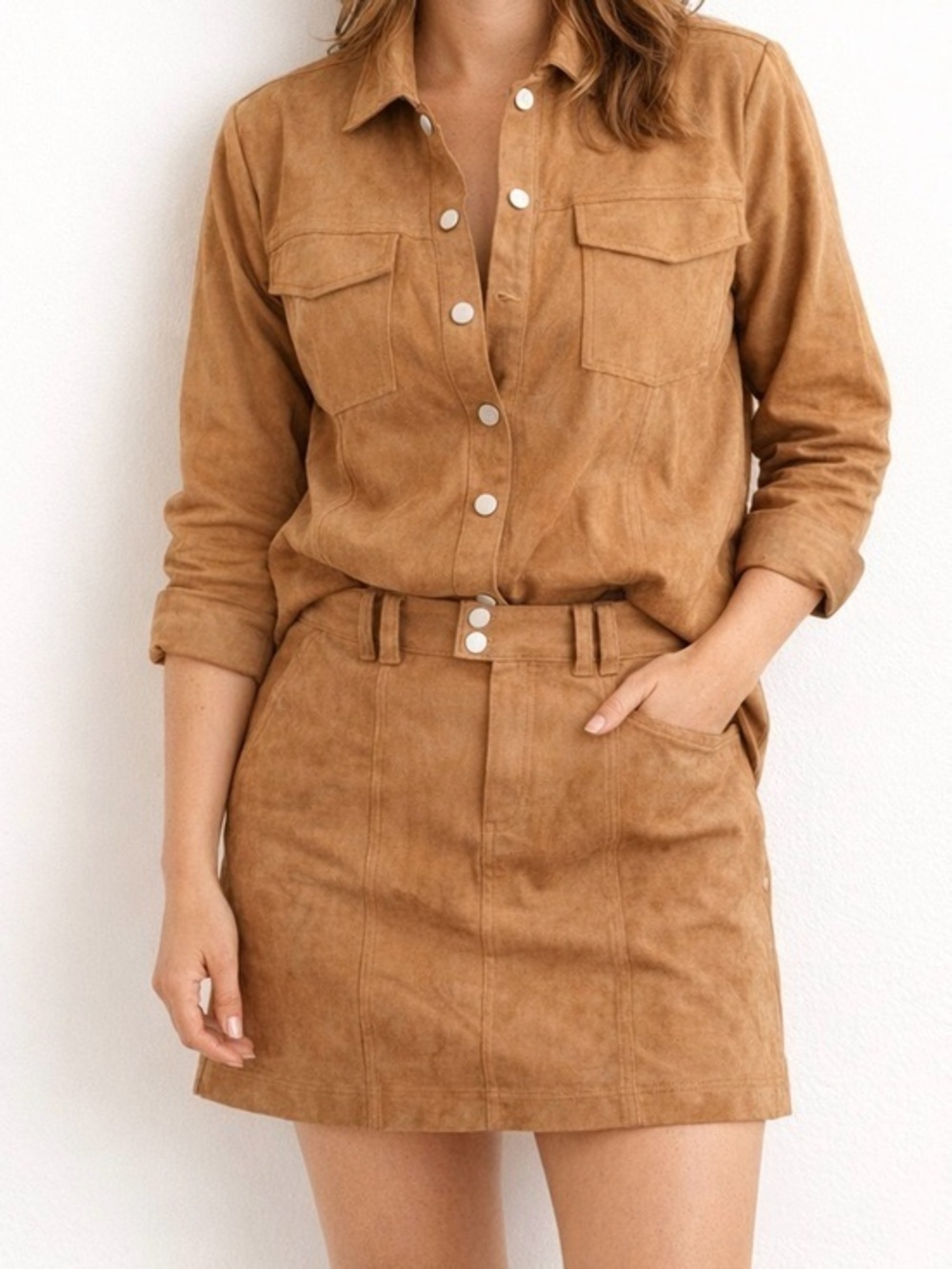 Seven Wonders Monah Suede Jacket & Mini Skirt Set – Ochre Brown, Size Medium